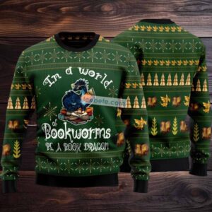In A World Of Bookworms Dragon Ugly Christmas Sweater Green Big And Tall
