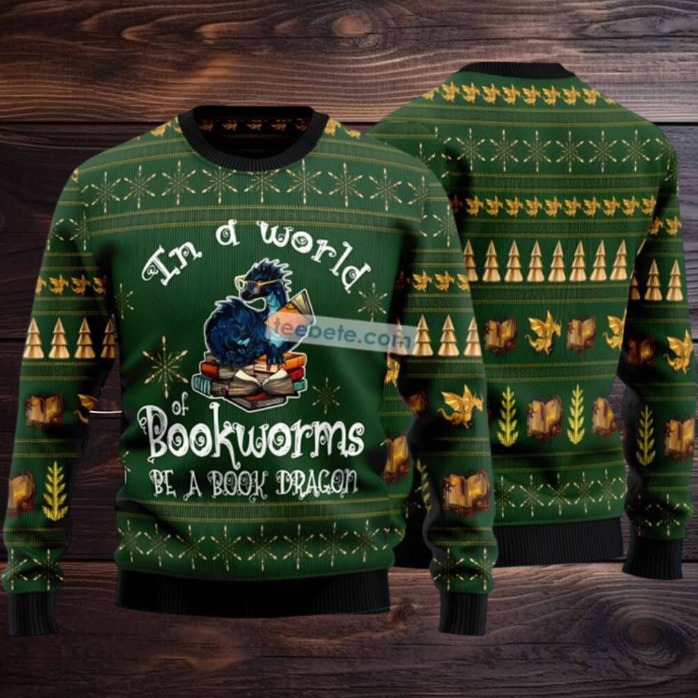 In A World Of Bookworms Dragon Ugly Christmas Sweater Green Big And Tall In A World Of Bookworms Dragon Ugly Christmas Sweater Green Big And Tall