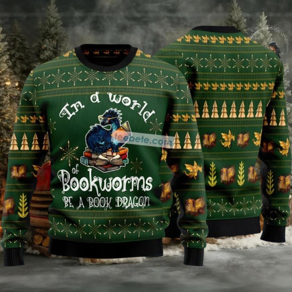In A World Of Bookworms Dragon Ugly Christmas Sweater Green Big And Tall In A World Of Bookworms Dragon Ugly Christmas Sweater Green Big And Tall