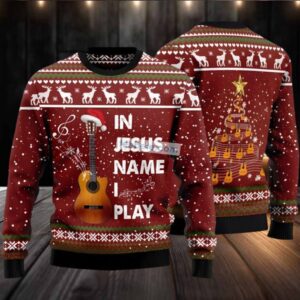 In Jesus Name I Play Guitar Ugly Christmas Sweater Red Mens