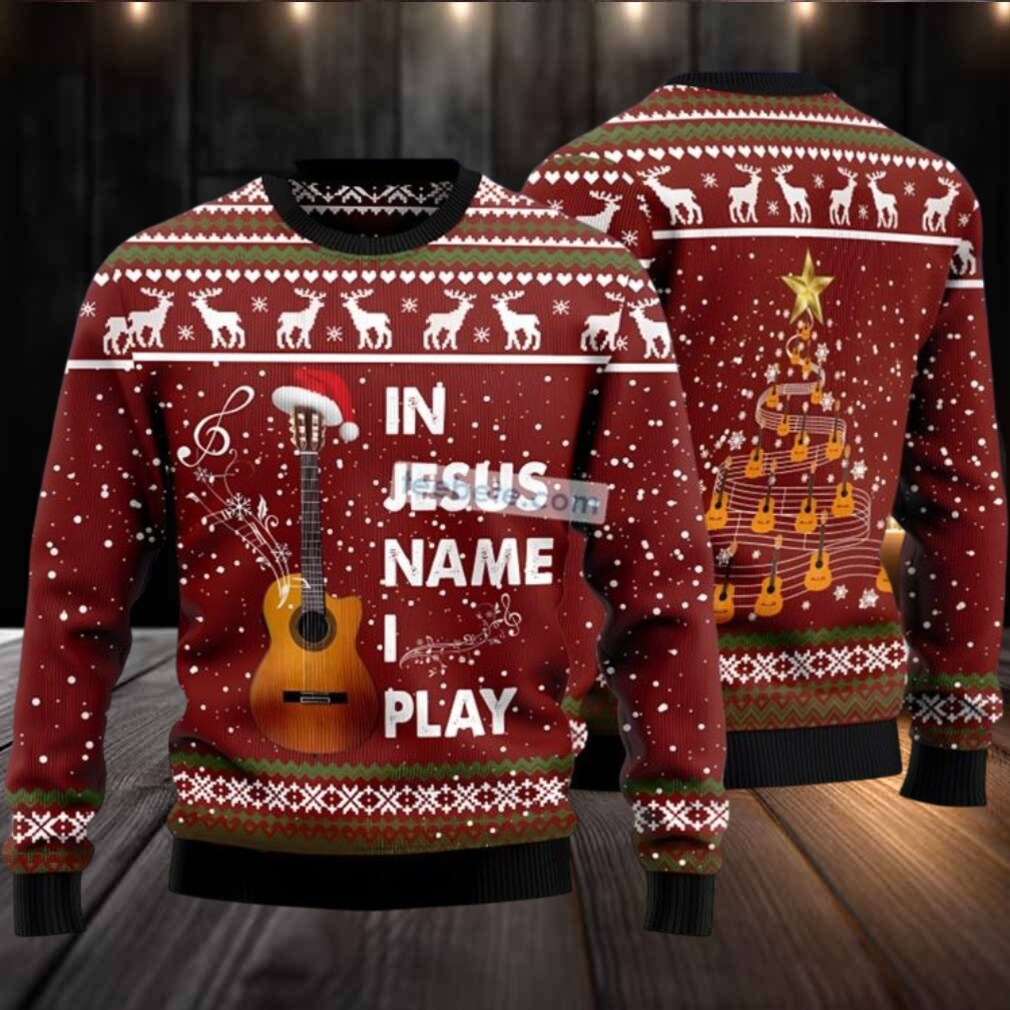 In Jesus Name I Play Guitar Ugly Christmas Sweater Red Mens In Jesus Name I Play Guitar Ugly Christmas Sweater Red Mens
