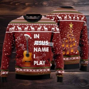 In Jesus Name I Play Guitar Ugly Christmas Sweater Red Mens