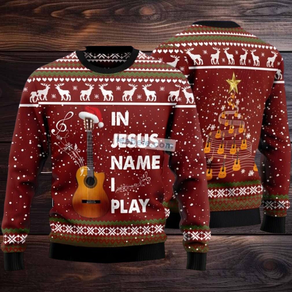 In Jesus Name I Play Guitar Ugly Christmas Sweater Red Mens In Jesus Name I Play Guitar Ugly Christmas Sweater Red Mens