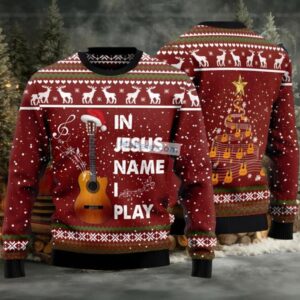 In Jesus Name I Play Guitar Ugly Christmas Sweater Red Mens