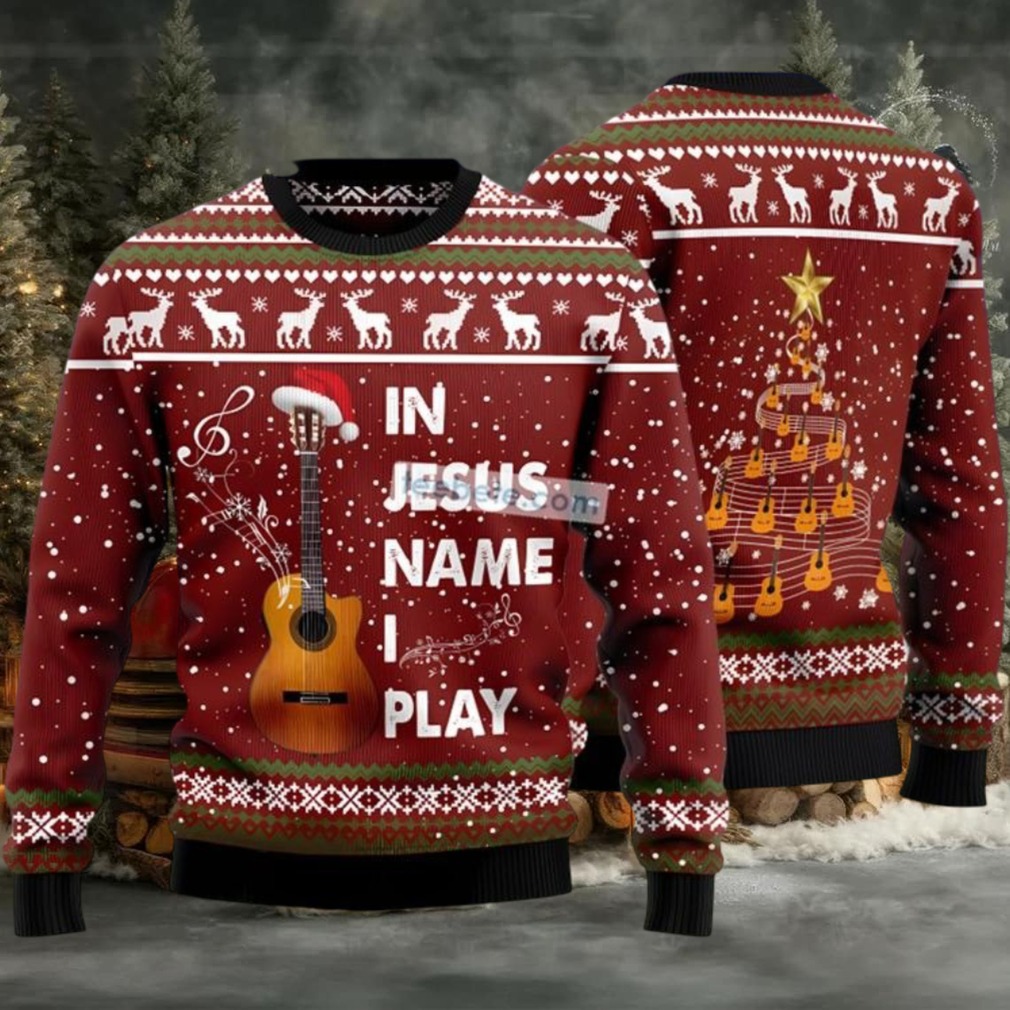 In Jesus Name I Play Guitar Ugly Christmas Sweater Red Mens In Jesus Name I Play Guitar Ugly Christmas Sweater Red Mens