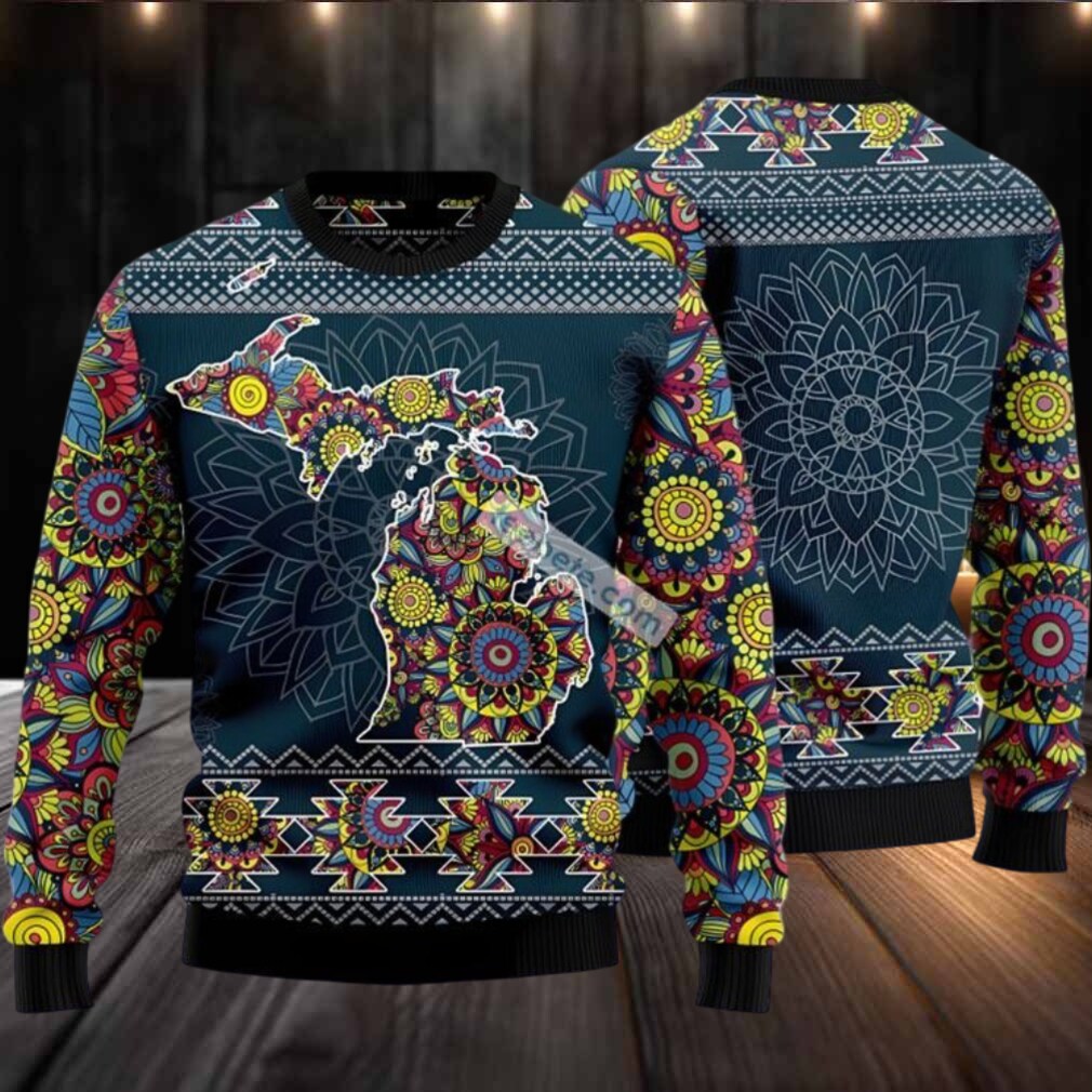 Indian Motifs Michigan Mandala Ugly Christmas Sweater Blue Family Indian Motifs Michigan Mandala Ugly Christmas Sweater Blue Family