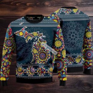 Indian Motifs Michigan Mandala Ugly Christmas Sweater Blue Family