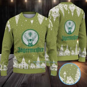 Olive Green Snowy Village Pattern Ugly Christmas Sweater Jagermeister Stag Logo