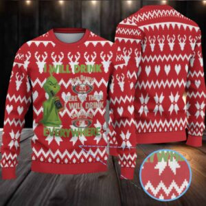 Red Reindeer Heart and Zigzag Fair Isle Ugly Christmas Sweater Jack Daniel’s Whiskey with Grinch