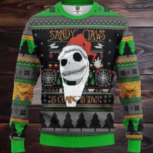 Jack Skellington Nightmare Before Christmas Sandy Claws Is Coming To Town Ugly Christmas Sweater