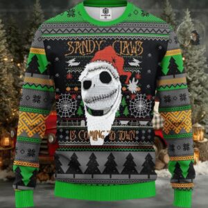 Jack Skellington Nightmare Before Christmas Sandy Claws Is Coming To Town Ugly Christmas Sweater