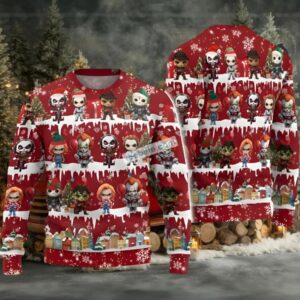 Jason Voorhees Freddy Krueger Chucky Christmas Tree Ugly Sweater Red Naughty