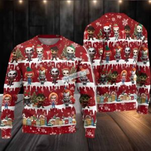 Jason Voorhees Freddy Krueger Chucky Christmas Tree Ugly Sweater Red Naughty