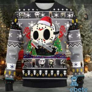 Jason Voorhees Santa Hat Christmas Tree Ugly Sweater Grey Black Funny