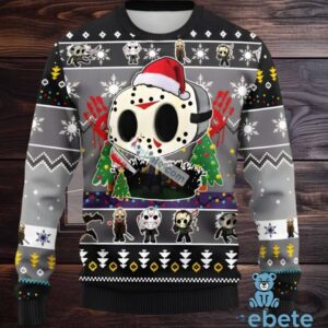 Jason Voorhees Santa Hat Christmas Tree Ugly Sweater Grey Black Funny