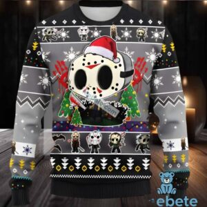 Jason Voorhees Santa Hat Christmas Tree Ugly Sweater Grey Black Funny