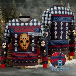 Jason Voorhees Slashing Through The Snow Ugly Christmas Sweater Blue Red Vacation