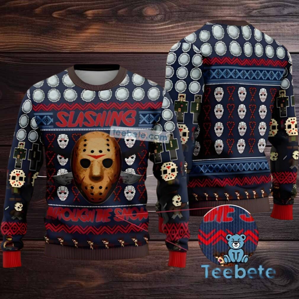 Jason Voorhees Slashing Through The Snow Ugly Christmas Sweater Blue Red Vacation