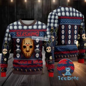 Jason Voorhees Slashing Through The Snow Ugly Christmas Sweater Blue Red Vacation