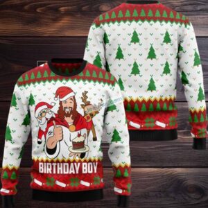 Jesus Birthday Boy Claus And Reideer Ugly Christmas Sweater Party
