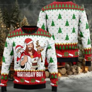 Jesus Birthday Boy Claus And Reideer Ugly Christmas Sweater Party