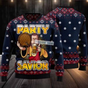 Jesus Party Savior Drink Beer Ugly Christmas Sweater Blue Naughty
