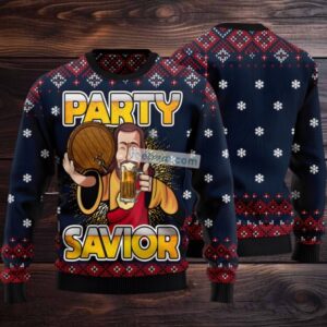 Jesus Party Savior Drink Beer Ugly Christmas Sweater Blue Naughty