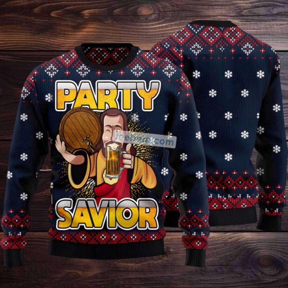 Jesus Party Savior Drink Beer Ugly Christmas Sweater Blue Naughty Jesus Party Savior Drink Beer Ugly Christmas Sweater Blue Naughty