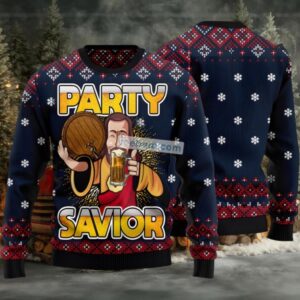 Jesus Party Savior Drink Beer Ugly Christmas Sweater Blue Naughty