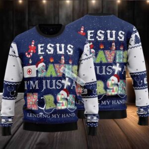 Jesus Saves Im Just A Nurse Lending My Hand Ugly Christmas Sweater Ladies