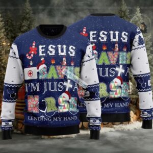 Jesus Saves Im Just A Nurse Lending My Hand Ugly Christmas Sweater Ladies