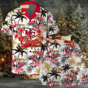 Kansas City Chiefs Football Team Logo Pattern Flamingo Hibiscus Summer Hawaiian Shirt And Beach Short Kansas City Chiefs Football Team Logo Pattern Flamingo Hibiscus Summer Hawaiian Shirt And Beach Short