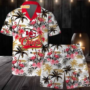 Kansas City Chiefs Football Team Logo Pattern Flamingo Hibiscus Summer Hawaiian Shirt And Beach Short
