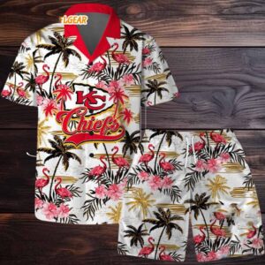 Kansas City Chiefs Football Team Logo Pattern Flamingo Hibiscus Summer Hawaiian Shirt And Beach Short