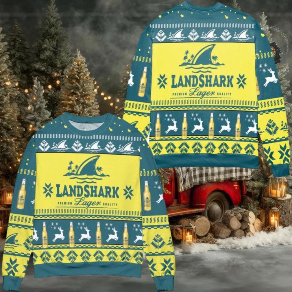Landshark Lager Beer Logo Reindeer Pattern Ugly Christmas Sweater Yellow Blue Landshark Lager Beer Logo Reindeer Pattern Ugly Christmas Sweater Yellow Blue