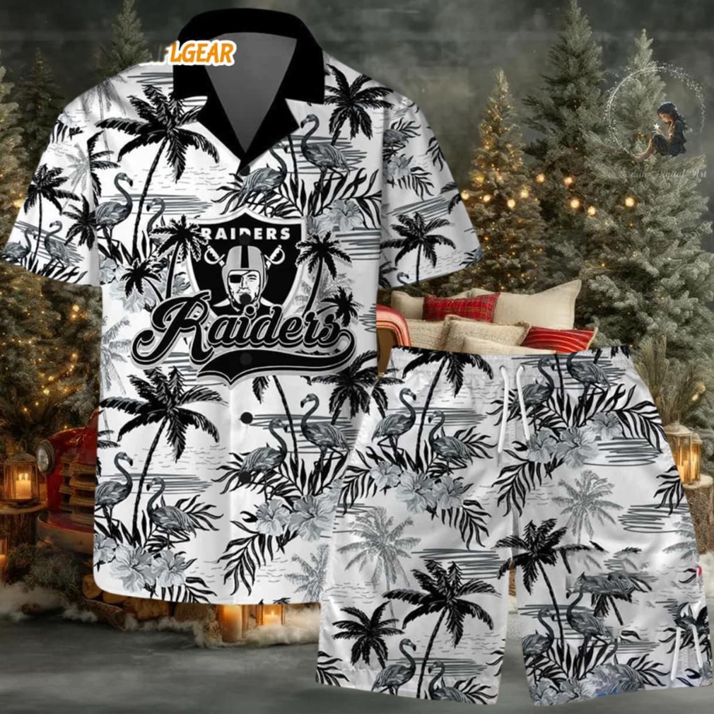 Las Vegas Raiders Football Team Logo Pattern Flamingo Hibiscus Summer Hawaiian Shirt And Beach Short Las Vegas Raiders Football Team Logo Pattern Flamingo Hibiscus Summer Hawaiian Shirt And Beach Short