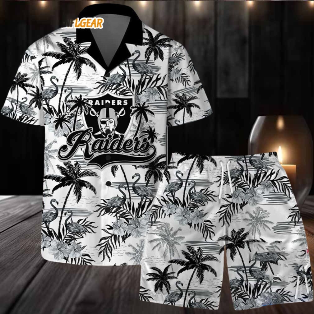 Las Vegas Raiders Football Team Logo Pattern Flamingo Hibiscus Summer Hawaiian Shirt And Beach Short Las Vegas Raiders Football Team Logo Pattern Flamingo Hibiscus Summer Hawaiian Shirt And Beach Short