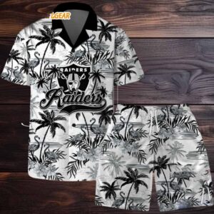Las Vegas Raiders Football Team Logo Pattern Flamingo Hibiscus Summer Hawaiian Shirt And Beach Short