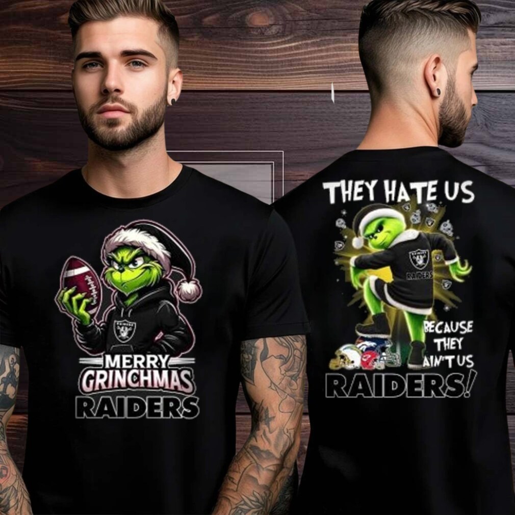 Las Vegas Raiders Grinch Merry Christmas Grinchmas 2025 Personalized Football Logo Two Sided Shirt Las Vegas Raiders Grinch Merry Christmas Grinchmas 2025 Personalized Football Logo Two Sided Shirt