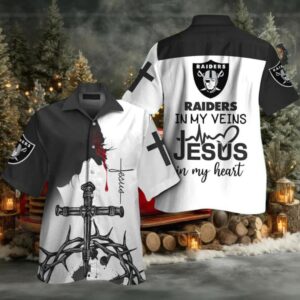 Las Vegas Raiders In My Veins Jesus Im My Heart Hawaiian Shirt Las Vegas Raiders In My Veins Jesus Im My Heart Hawaiian Shirt