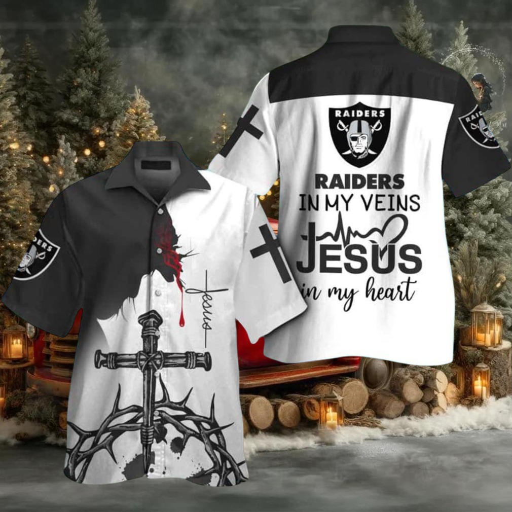 Las Vegas Raiders In My Veins Jesus Im My Heart Hawaiian Shirt Las Vegas Raiders In My Veins Jesus Im My Heart Hawaiian Shirt
