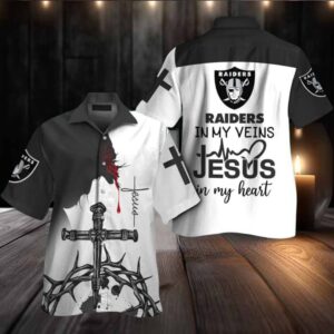 Las Vegas Raiders In My Veins Jesus Im My Heart Hawaiian Shirt
