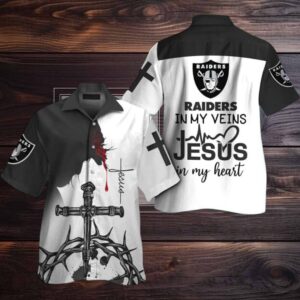 Las Vegas Raiders In My Veins Jesus Im My Heart Hawaiian Shirt