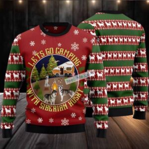 Lets Go Camping With Siberian Husky Ugly Christmas Sweater Red Friends