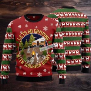 Lets Go Camping With Siberian Husky Ugly Christmas Sweater Red Friends