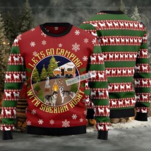 Lets Go Camping With Siberian Husky Ugly Christmas Sweater Red Friends