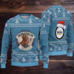 Light Blue Christmas Tree Pattern “Hobgoblin & Modelo Beer Crossover” Ugly Sweater
