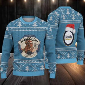 Light Blue Christmas Tree Pattern “Hobgoblin & Modelo Beer Crossover” Ugly Sweater