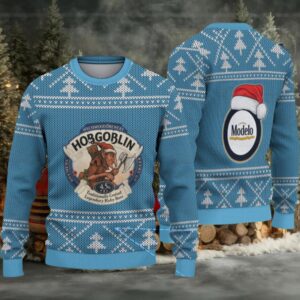 Light Blue Christmas Tree Pattern “Hobgoblin & Modelo Beer Crossover” Ugly Sweater