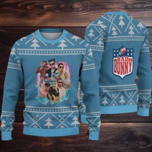 Light Blue Nordic Tree Pattern “Bad Bunny Superache Collage” Ugly Christmas Sweater